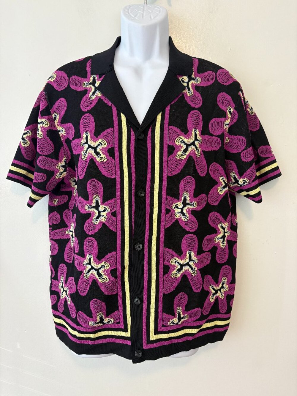 Murano Knit Short Sleeve Collared Button Shirt Mens Large Purple Flowers Retro